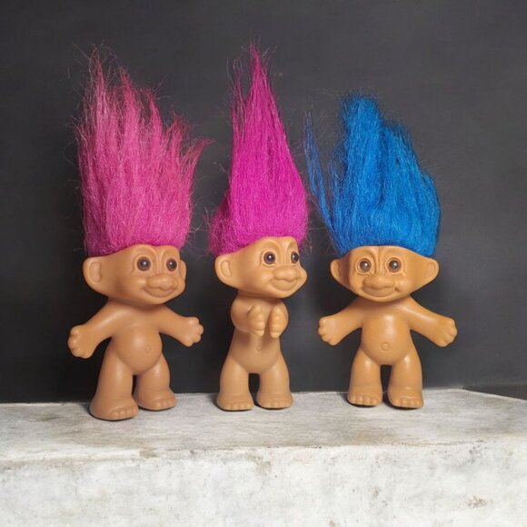 Vintage Troll Dolls Small Short Set of 3 Pink Blue Hair Russ Berrie 80s 90s Toy - Picture 1 of 6